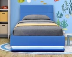 Lit Coffre Enfant à LED Simili Cuir Bleu Arial 90x190 Cm