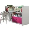 Lit Combiné 90x200 Cm Avec Sommier 1 Bureau 2 Portes Bois Blanc Et Fuchsia Bonny