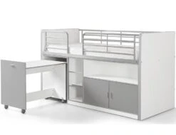 Lit Combiné 90x200 Cm Avec Sommier 1 Bureau 2 Portes Bois Blanc Et Gris Bonny