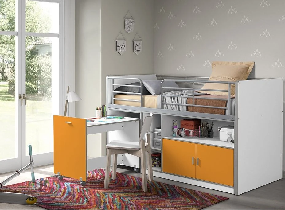Lit Combiné 90x200 Cm Avec Sommier 1 Bureau 2 Portes Bois Blanc Et Orange Bonny 2 Lit Combiné 90x200 Cm Avec Sommier 1 Bureau 2 Portes Bois Blanc Et Orange Bonny – Image 2