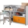 Lit Combiné 90x200 Cm Avec Sommier 1 Bureau 2 Portes Bois Blanc Et Orange Bonny
