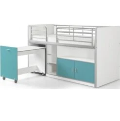 Lit Combiné 90x200 Cm Avec Sommier 1 Bureau 2 Portes Bois Blanc Et Turquoise Bonny -Vente De Chambre lit combine 90x200 cm avec sommier 1 bureau 2 portes bois blanc et turquoise bonny 5420070216272 692749