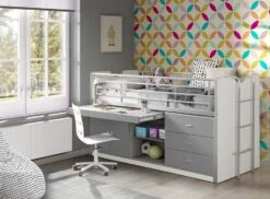 Lit Combiné 90x200 Cm Avec Sommier 1 Bureau 3 Tiroirs Bois Blanc Et Gris Bonny -Vente De Chambre lit combine 90x200 cm avec sommier 1 bureau 3 tiroirs bois blanc et gris bonny 5420070216364 692758