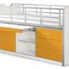 Lit Combiné 90x200 Cm Avec Sommier 1 Bureau 3 Tiroirs Bois Blanc Et Orange Bonny