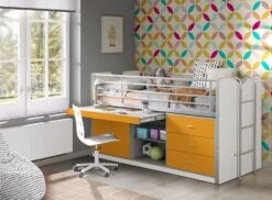 Lit Combiné 90x200 Cm Avec Sommier 1 Bureau 3 Tiroirs Bois Blanc Et Orange Bonny -Vente De Chambre lit combine 90x200 cm avec sommier 1 bureau 3 tiroirs bois blanc et orange bonny 5420070216388 692765