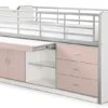 Lit Combiné 90x200 Cm Avec Sommier 1 Bureau 3 Tiroirs Bois Blanc Et Rose Bonny