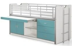 Lit Combiné 90x200 Cm Avec Sommier 1 Bureau 3 Tiroirs Bois Blanc Et Turquoise Bonny