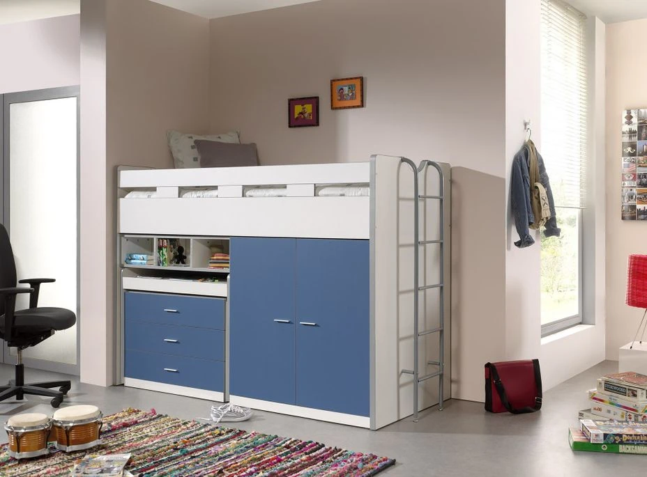 Lit Combiné 90x200 Cm Avec Sommier 3 Tiroirs 2 Portes Bois Blanc Et Bleu Bonny 2 Lit Combiné 90x200 Cm Avec Sommier 3 Tiroirs 2 Portes Bois Blanc Et Bleu Bonny – Image 2