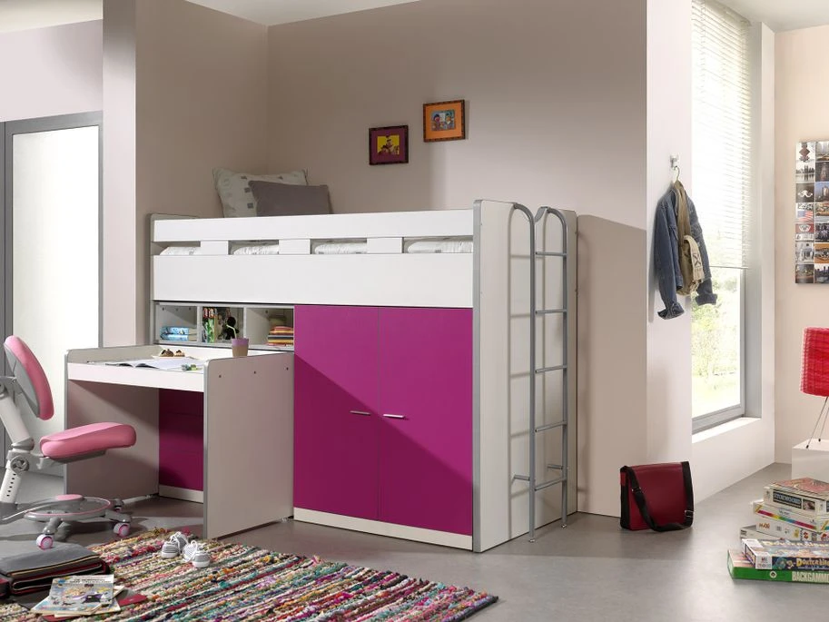 Lit Combiné 90x200 Cm Avec Sommier 3 Tiroirs 2 Portes Bois Blanc Et Fuchsia Bonny 4 Lit Combiné 90x200 Cm Avec Sommier 3 Tiroirs 2 Portes Bois Blanc Et Fuchsia Bonny – Image 4