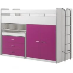 Lit Combiné 90x200 Cm Avec Sommier 3 Tiroirs 2 Portes Bois Blanc Et Fuchsia Bonny