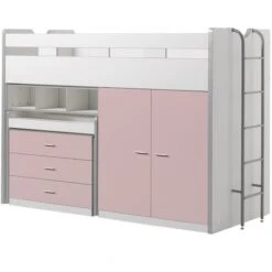 Lit Combiné 90x200 Cm Avec Sommier 3 Tiroirs 2 Portes Bois Blanc Et Rose Bonny