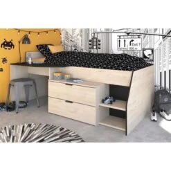 Lit Combiné Enfant - Décor Chene Jackson Et Noir - 90 X190/200 Cm - KIM -Vente De Chambre lit combine enfant decor chene jackson et noir 90 x190 200 cm kim 3480940292678 591976