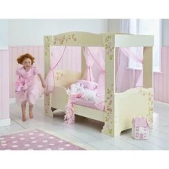 Lit Enfant A Baldaquin En MDF, Sommier A Lattes Inclus.