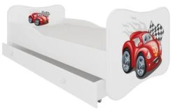 Lit Enfant Bois Blanc à Tiroirs Avec Imprimé Voiture Cars 70x140 Ou 80x160 Cm - Sommier Et Matelas Inclus - Ondula