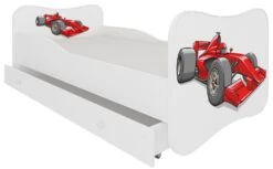 Lit Enfant Bois Blanc à Tiroirs Avec Imprimé Voiture De Course Rouge 70x140 Ou 80x160 Cm - Sommier Et Matelas Inclus - Ondula