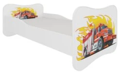 Lit Enfant Bois Blanc Imprimé Camion De Pompier 70x140 Ou 80x160 Cm - Sommier Et Matelas Inclus - Ondula