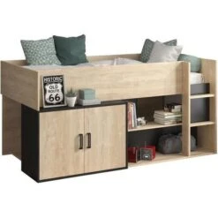 Lit Enfant Mi-hauteur Avec Rangement - Décor Chene Blond Et Noir - Sommier Inclus - 90 X 200 Cm - ARZ