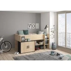 Lit Enfant Mi-hauteur Avec Rangement - Décor Chene Blond Et Noir - Sommier Inclus - 90 X 200 Cm - ARZ -Vente De Chambre lit enfant mi hauteur avec rangement decor chene blond et noir sommier inclus 90 x 200 cm arz 3483600970763 591987