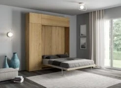 Lit Escamotable 160x190 Cm Avec 1 Colonne De Rangement 2 Meubles Hauts Bois Clair Kanto