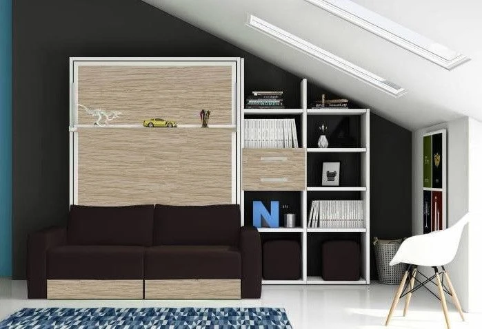 Lit Escamotable 90x190 Cm Avec Canapé Coffre Et étagères Modula 1 Lit Escamotable 90x190 Cm Avec Canapé Coffre Et étagères Modula