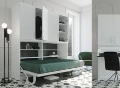 Lit Escamotable 90x190 Cm P 53 Cm Blanc Satiné Avec étagères Et Bureau Miko