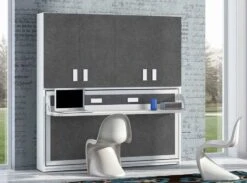 Lit Escamotable 90x190 Cm P 53 Cm Gris Béton Avec étagères Et Bureau Miko