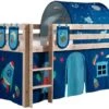 Lit Mezzanine 90x200 Cm Avec Tente Tunnel Et 3 Pochettes Astra Pin Massif Clair Pino