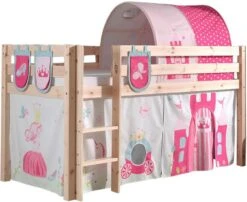 Lit Mezzanine 90x200 Cm Avec Tente Tunnel Et 3 Pochettes Princesse Pin Massif Clair Pino