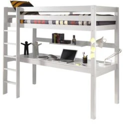 Lit Mezzanine Avec Bureau Pin Massif Blanc Pino 90x200 Cm