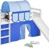 Lit Mezzanine Blanc Avec Toboggan Et Rideau Bleu Dorie 90x190 Cm