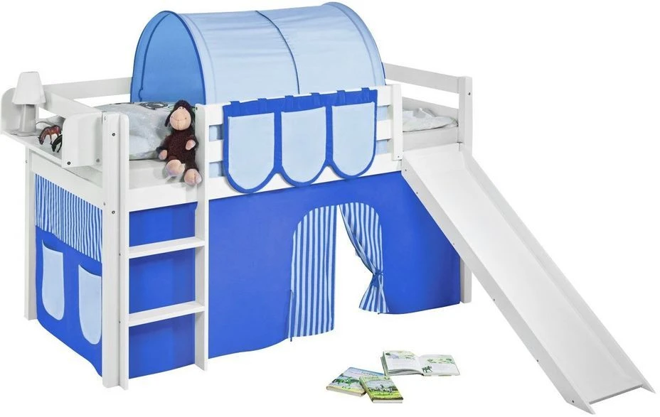 Lit Mezzanine Blanc Avec Toboggan Et Rideau Bleu Dorie 90x190 Cm 1 Lit Mezzanine Blanc Avec Toboggan Et Rideau Bleu Dorie 90x190 Cm