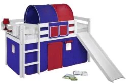 Lit Mezzanine Blanc Avec Toboggan Et Rideau Bleu Et Rouge 90x190 Cm