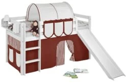 Lit Mezzanine Blanc Avec Toboggan Et Rideau Marron 90x190 Cm