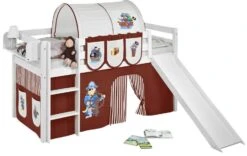 Lit Mezzanine Blanc Avec Toboggan Et Rideau Marron Pirate 90x190 Cm