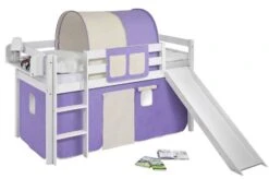 Lit Mezzanine Blanc Avec Toboggan Et Rideau Parme Et Beige 90x190 Cm