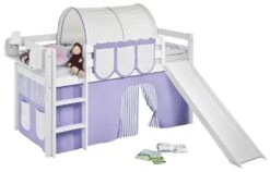 Lit Mezzanine Blanc Avec Toboggan Et Rideau Parme Et Beige Dorie 90x190 Cm