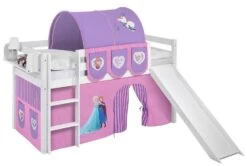 Lit Mezzanine Blanc Avec Toboggan Et Rideau Rose Clair Disney Reine Des Neiges 90x190 Cm