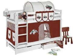 Lit Superposable Blanc Et Rideau Marron Tracteur 90x190 Cm