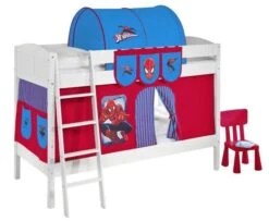 Lit Superposable Laqué Blanc Avec Rideau Bleu Spiderman 90x200 Cm