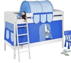 Lit Superposés Blanc Laqué Et Rideau Bleu 90x200 Cm