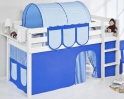 Lit Surélevé Blanc Laqué Rideau Bleu 90x190cm