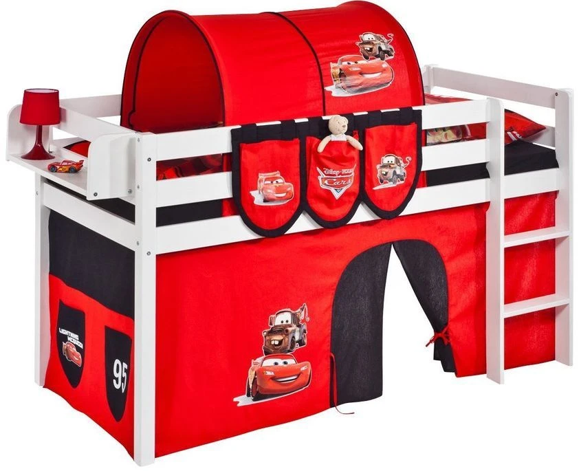 Lit Surélevé Blanc Laqué Rideau Cars 90x190cm 1 Lit Surélevé Blanc Laqué Rideau Cars 90x190cm