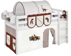 Lit Surélevé Blanc Laqué Rideau Dinosaures 90x190cm