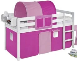 Lit Surélevé Blanc Laqué Rideau Rose 90x190cm