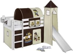 Lit Surélevé Blanc Laqué Toboggan - Rideau Et Tour Pirate Marron