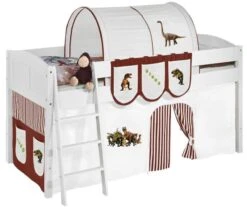 Lit Surélevé Blanc Rideau Beige Et Marron Dinosaures Milo 90x200cm