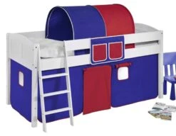 Lit Surélevé Blanc Rideau Bleu Et Rouge Peter 90x200cm