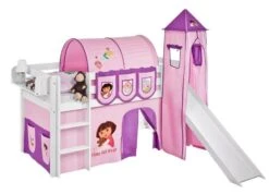 Lit Surélevé Blanc Toboggan Rideau Et Tour Dora 90x190 Cm