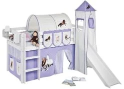 Lit Surélevé Toboggan Blanc Laqué Avec Tour Et Rideau Beige Et Parme Chevaux 90x190 Cm