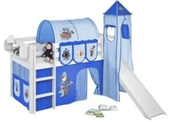 Lit Surélevé Toboggan Blanc Laqué Avec Tour Et Rideau Bleu Pirate 90x190 Cm